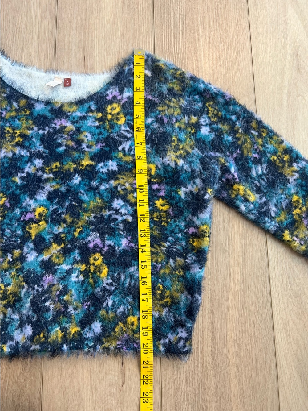 Pilcro Off-the-Shoulder Fuzzy Floral Sweater - Blue Multi. Size M - Picture 8 of 11
